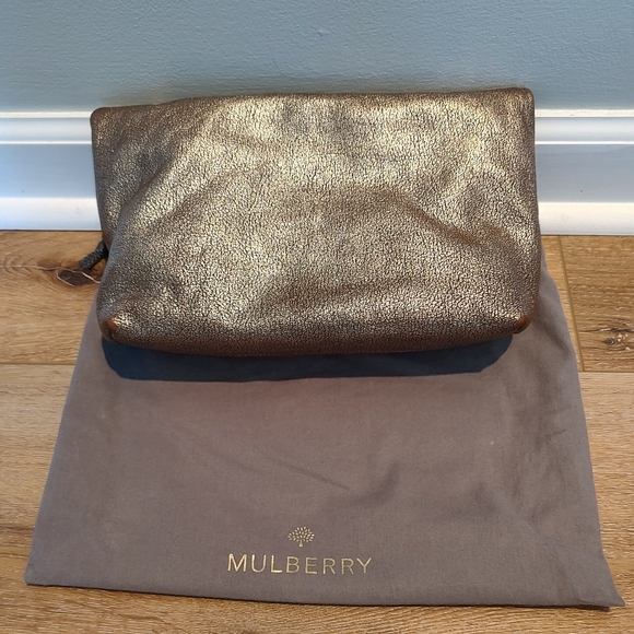 Mulberry Clemmie Twist Lock Clutch Bag Gold Metallic Leather Fold Over & Dustbag - Picture 3 of 16